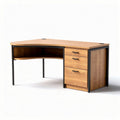 L-vormig bureau van hout met metalen poten en drie lades 150 x 75 x 75cm