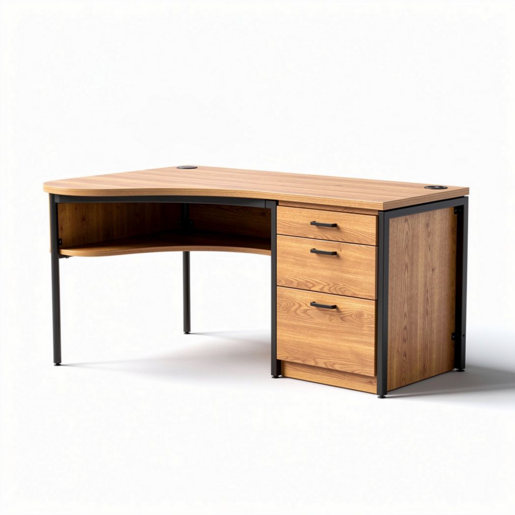 L-vormig bureau van hout met metalen poten en drie lades 150 x 75 x 75cm