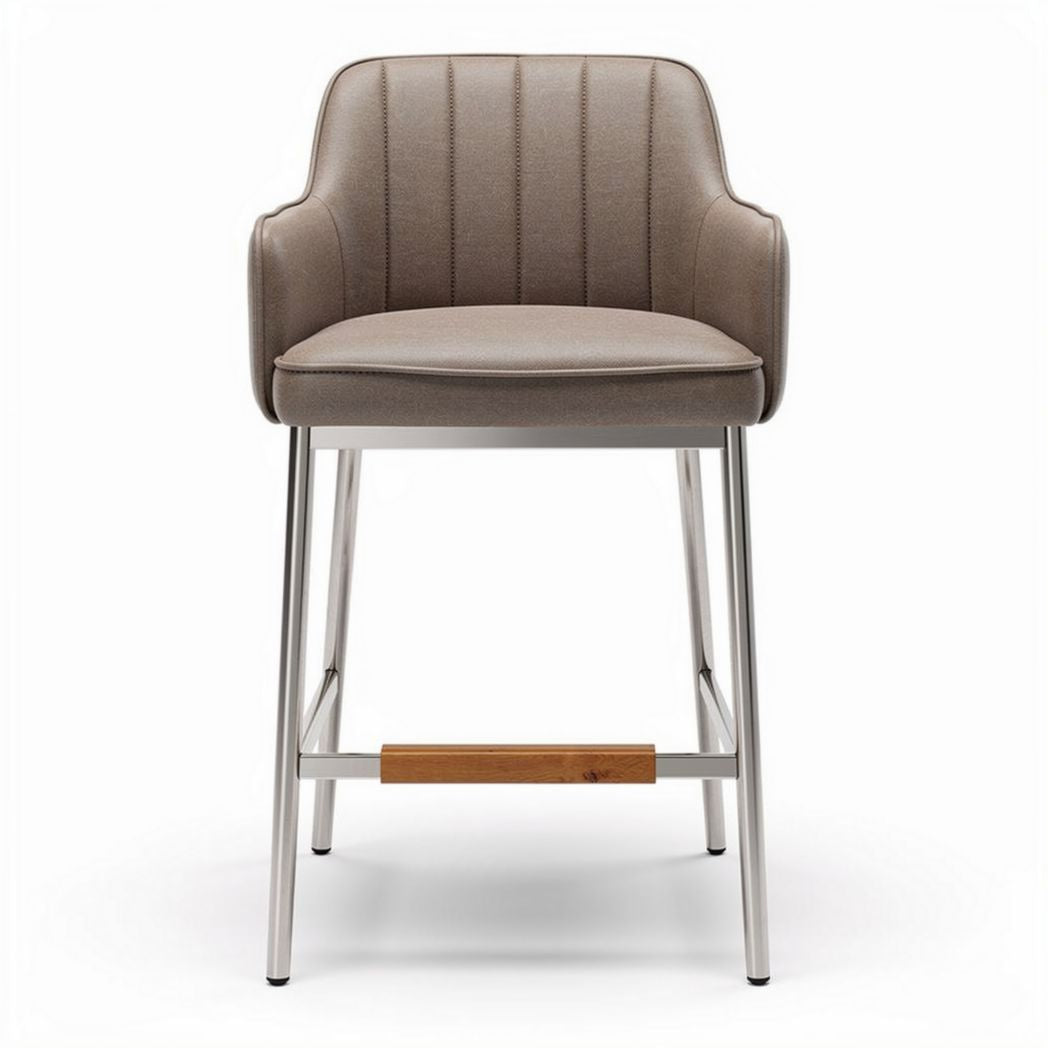Houten barkruk met metalen frame en gestreepte stoffering in taupe 45 x 45 x 105cm